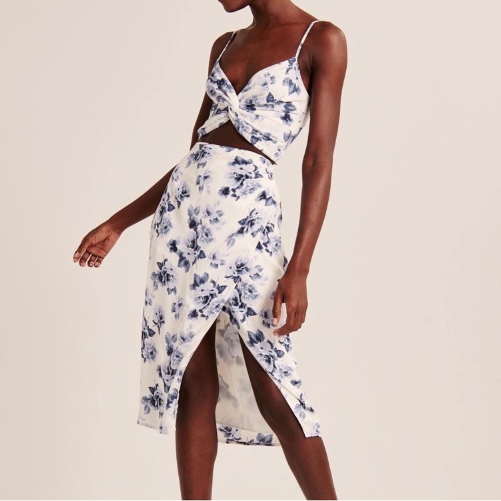 Abercrombie Blue and White Floral Matching Midi Skirt Set (3 piece set)